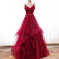 Wine Red Layers Tulle V-neckline Straps Formal Dress, Wine Red Evening Dress Party Dress