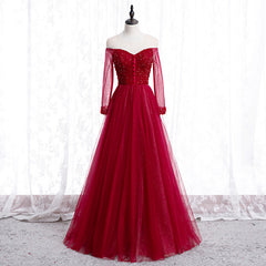 Wine Red Long Sleeves Beaded Tulle Evening Gown, A-line Wine Red Long Prom Dress