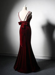 Wine Red Low Back Mermaid Formal Dress, Velvet Straps Long Prom Dress