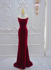 Wine Red Mermaid Straps Long Evening Dress, Wine Red Velvet Party Dress