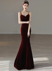 Wine Red Mermaid Straps Long Party Dress, Wine Red Velvet Long Prom Dress