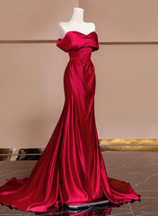 Wine Red Off Shoulder Satin Long Evening Dress, Wine Red Prom Dress