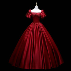 Wine Red Satin Beaded Ball Gown Sweet 16 Dress, Wine Red Evening Formal Dress