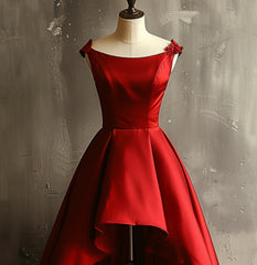 Wine Red Satin High Low Round Neckline Party Dress, Wine Red Homecoming Dress