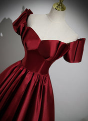 Wine Red Satin Long Party Dress, Off Shoulder Sweetheart Floor Length Prom Dress