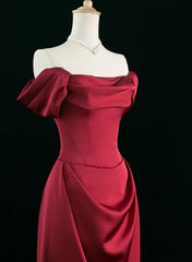 Wine Red Satin Off Shoulder Long Party Dress, Wine Red Satin Prom Dress