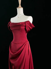 Wine Red Satin Off Shoulder Long Party Dress, Wine Red Satin Prom Dress