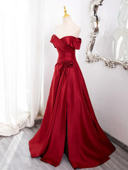 Wine Red Satin Sweetheart Off Shoulder Prom Dress, Wine Red Party Dress with Leg Slit