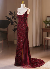 Wine Red Sequins Mermaid Long Formal Dress, Wine Red Evening Dress Party Dress