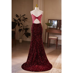 Wine Red Sequins Mermaid Long Formal Dress, Wine Red Evening Dress Party Dress