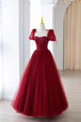 Wine Red Short Sleeves Beaded Long Prom Dress, Wine Red Sweetheart Party Dress