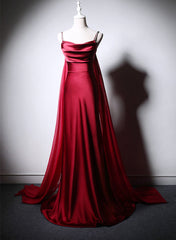 Wine Red Soft Satin Long Straps Long A-line Prom Dress, Wine Red Evening Dress