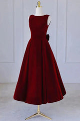 Wine Red Tea Length Velvet Party Dress with Bow, Burgundy Wedding Party Dresses