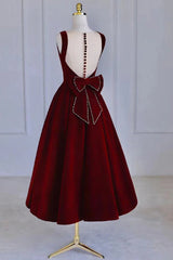 Wine Red Tea Length Velvet Party Dress with Bow, Burgundy Wedding Party Dresses