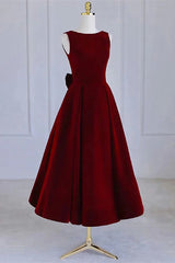 Wine Red Tea Length Velvet Party Dress with Bow, Burgundy Wedding Party Dresses