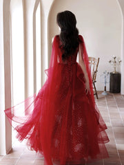 Wine Red Tulle and Beaded Long Formal Dress, Wine Red Floor Length Prom Dress