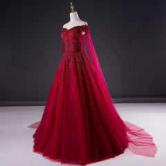 Wine Red Tulle Beaded Tulle Sparkle Long Prom Dress, Dark Red Sweet 16 Gown