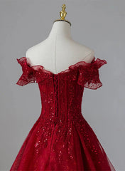 Wine Red Tulle with Sequins and Lace Party Dress Wine Red A-line Prom Dress prom dresses shops