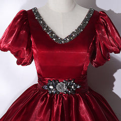 Wine Red V-neckline Beaded Ball Gown Prom Dress, Wine Red Sweet 16 Dress