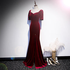 Wine Red Velvet Mermaid Long Evening Party Dresses, Dark Red Velvet Formal Dresses