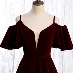 Wine Red Velvet Off Shoulder Floor Length Party Dress, Velvet Junior Prom Dress