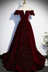 Wine Red Velvet Off Shoulder Long Formal Evening Gown, Wine Red Prom Dresses