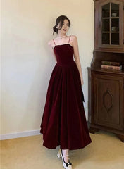 Wine Red Velvet Straps Long Evening Dress, Wine Red Velvet Prom Dress