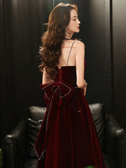 Wine Red Velvet Straps Long Party Dress with Bow, Wine Red Prom Dress