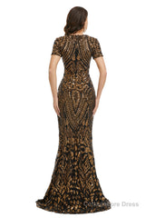 Short Sleeves Sequins A-Line Formal Evening Dress