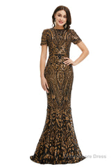 Short Sleeves Sequins A-Line Formal Evening Dress