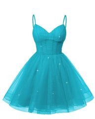 Womens V Neck Tulle Spaghetti Straps Aqua Blue Homecoming Dresses with Corset Back Short Prom Gowns for Teens