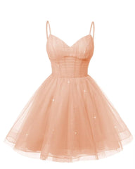 Womens V Neck Tulle Spaghetti Straps Blush Pink Homecoming Dresses with Corset Back Short Prom Gowns for Teens