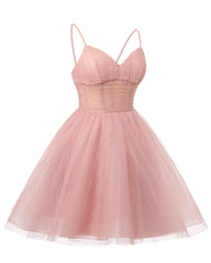 Womens V Neck Tulle Spaghetti Straps Pearl Pink Homecoming Dresses with Corset Back Short Prom Gowns for Teens