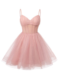 Womens V Neck Tulle Spaghetti Straps Pink Homecoming Dresses with Corset Back Short Prom Gowns for Teens