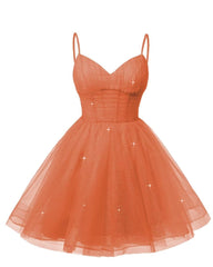 Womens V Neck Tulle Spaghetti Straps Orange Homecoming Dresses with Corset Back Short Prom Gowns for Teens