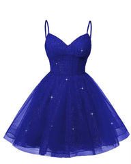 Womens V Neck Tulle Spaghetti Straps Royal Blue Homecoming Dresses with Corset Back Short Prom Gowns for Teens