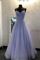 Sparkly A Line Lavender Spaghetti Straps Prom Dresses, Tulle Sweetheart Evening Dresses