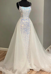 White Tulle Sequins Long Prom Dress, White Evening Dresses