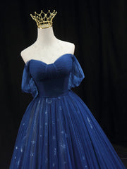 Beautiful Blue Tulle Floor Length Prom Dress, A-Line Off the Shoulder Princess Dress Evening Dress