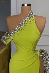 Yellow Green One Shoulder Mermaid Prom Dress Slit Long With Crystals