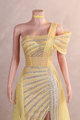 Yellow Off Shoulder Mermaid Prom Dresses Luxurious Silver Bead Trumpet Formal Dresses