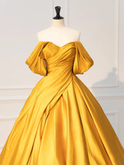 Yellow Off Shoulder Satin Long Prom Dress, Yellow Long Evening Dress