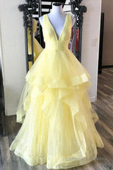 Yellow Prom Dress A Line Deep V Neck Light Long Party Evening Dress with Ruffles