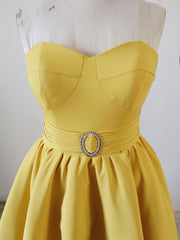 Yellow Sweetheart Neck Satin Tea Length Prom Dress, Yellow Formal Dress