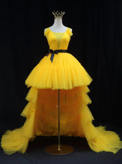 Yellow Tulle  Pleats Prom Dress