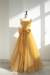 Yellow Tulle Long A-Line Prom Dress, Cute Evening Dress with Bow