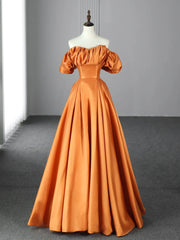 Orange Floor Length Satin Long Prom Dress, Off the Shoulder Evening Party Dress