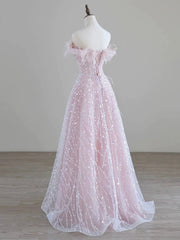 Sparkling Tulle Sequin Long Prom Dress, Off the Shoulder Pink Evening Party Dress