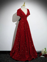 Burgundy V-Neck Sequins Long Prom Dress, A-Line Evening Party Dress with Bow