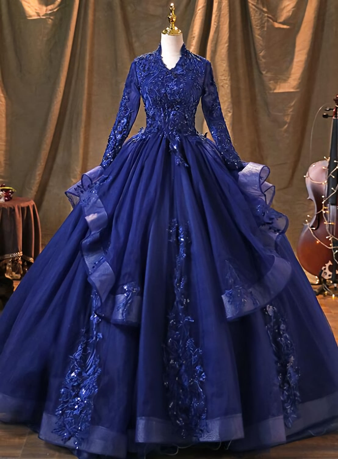 Formal Dresses With Sleeves, Navy Blue Long Sleeves Party Dress, Tulle With Lace Formal Dresses